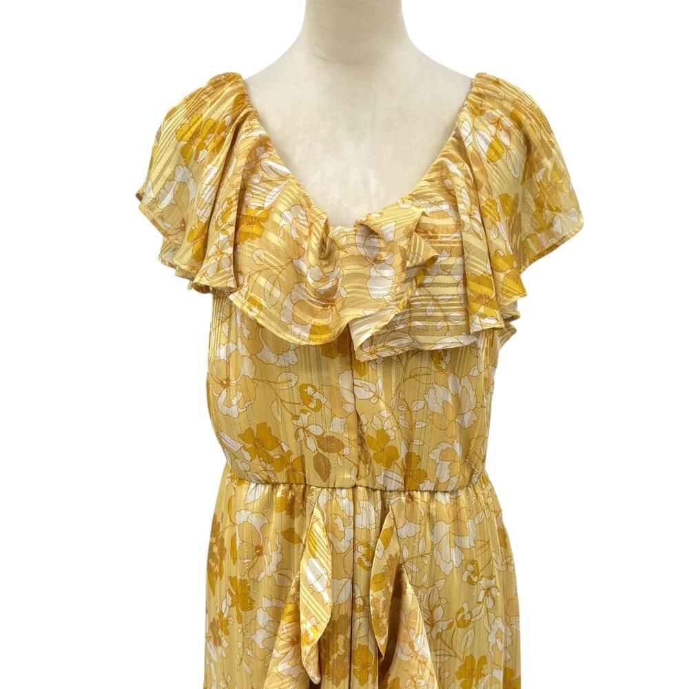 Eloquii Golden Yellow Floral Metallic Stripe Ruffle Sleeveless Maxi Dress - Picture 6 of 13